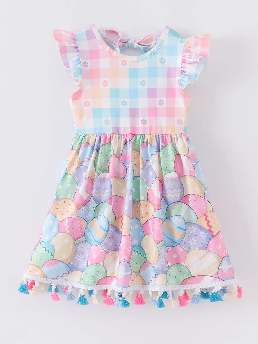 Little One USA Easter Egg Plaid Tassel Ruffle Girl Dress(STHE)