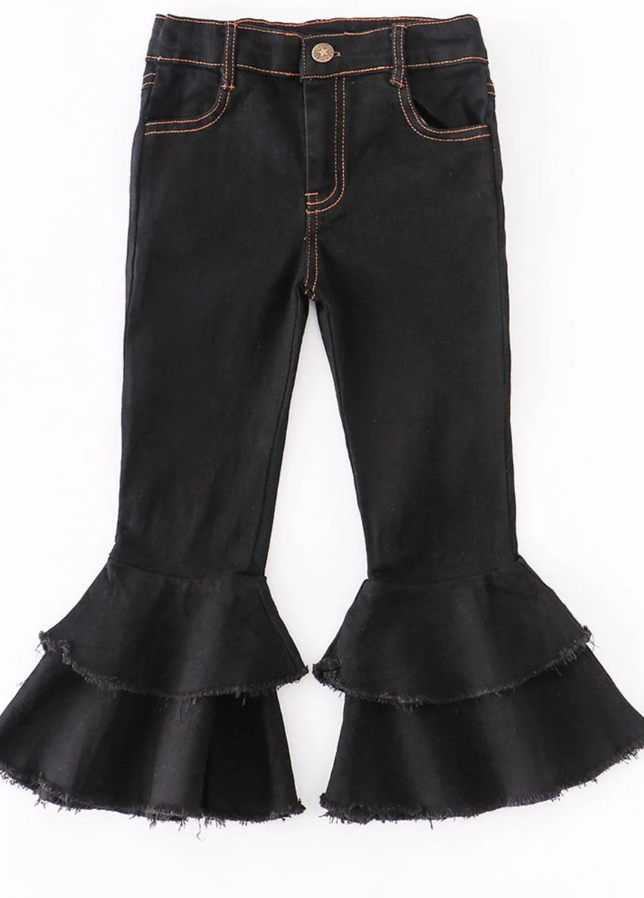 Honeydew Black Double Layered Bell Bottom Fray Jeans (Ying Shan)