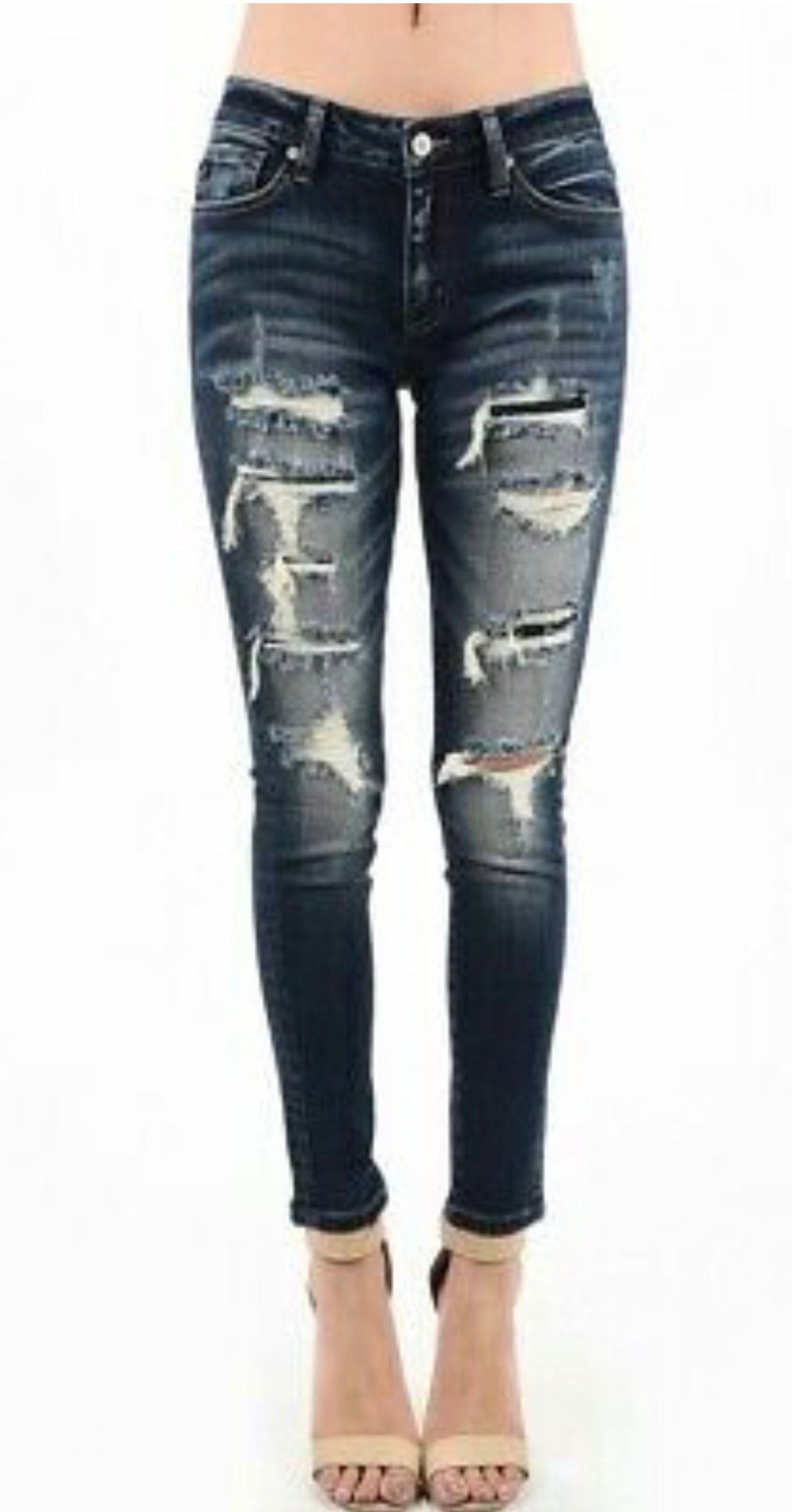 KanCan-KC 5050D Mid Rise Distressed patched Super Skinny