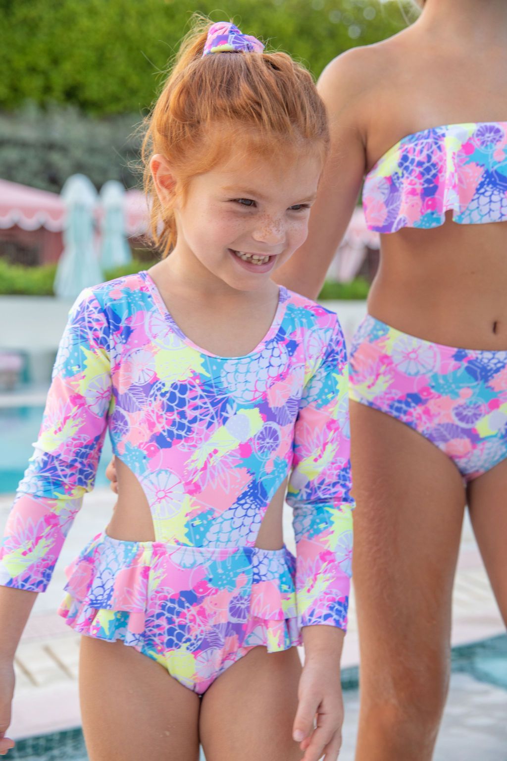 Coral Palm, Girls Long Sleeve Swim Suit